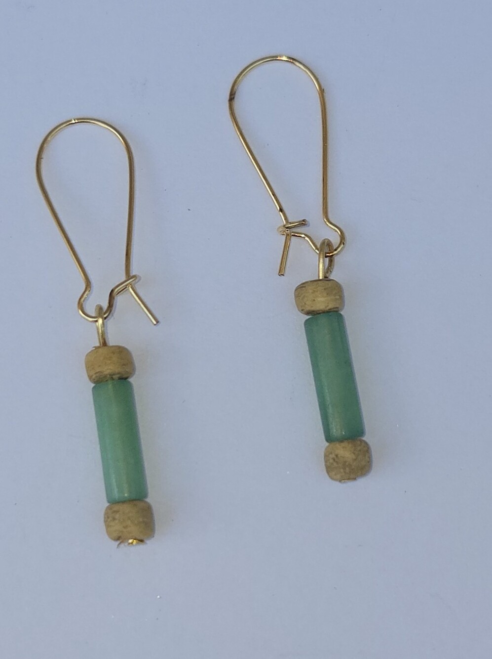 Green Aventurine & Wood Beaded Earrings Handmade Gold Tone Stainless Steel